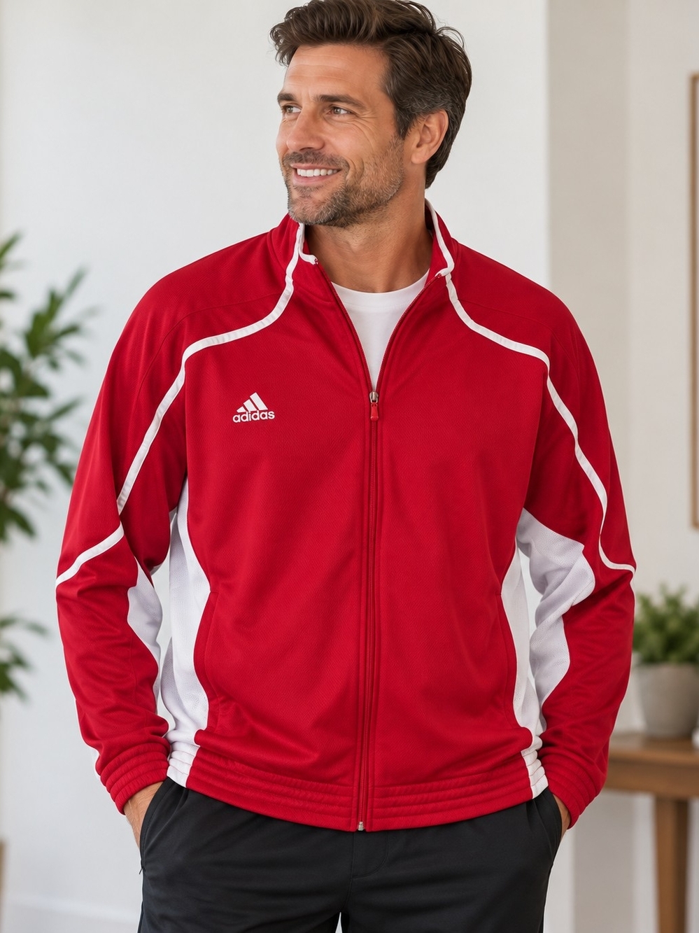 Adidas ClimaLite Men’s XL Red White Full Zip Track Jacket Athletic